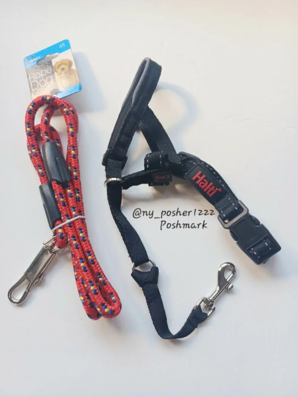 𝗛𝗮𝗹𝘁𝗶 Headcollar Size 2 Black & 𝖣𝖴𝖪𝖤'𝖲 Rope Dog Leash 4-Ft Red Bundle